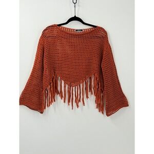 Bell Sleeve Open Knit Crochet Fringe Crop Sweater Top sz m Boho Festival western